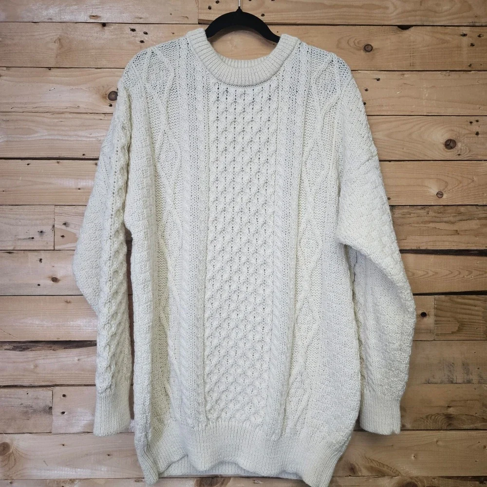 The Irish Store Mens XXL Cream 100% Wool Aran Cable Knit Fisherman Sweater